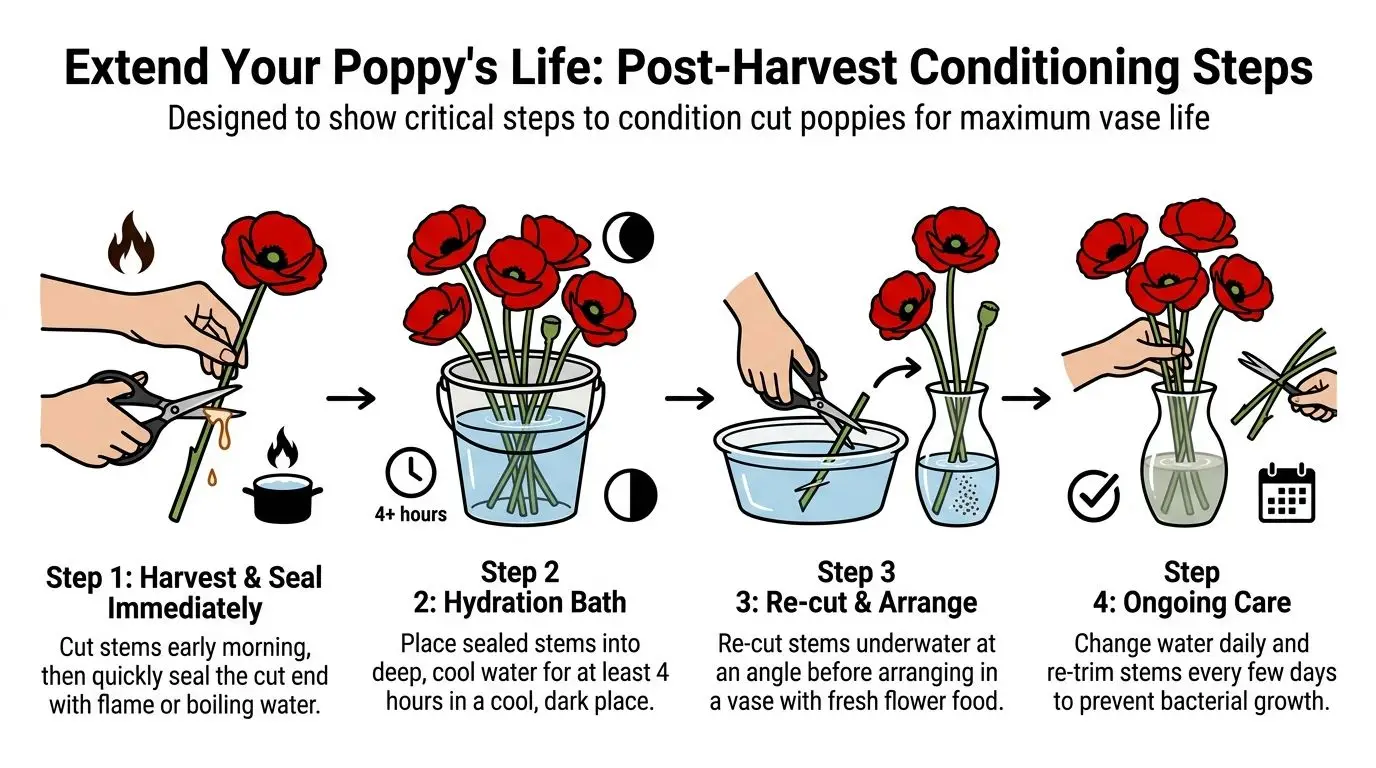 An infographic illustrating four simple steps to condition cut poppies to ensure they last longer.
