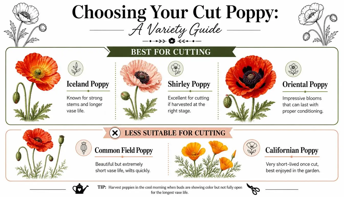 An infographic guide illustrating which poppy varieties are best for cut flower arrangements versus those less suitable.