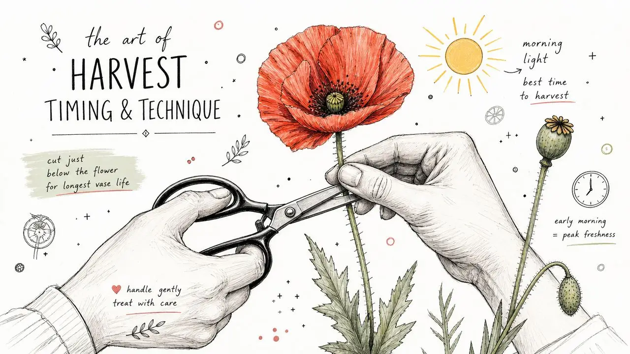 An illustration showing how to properly harvest a poppy flower with scissors held in two hands.