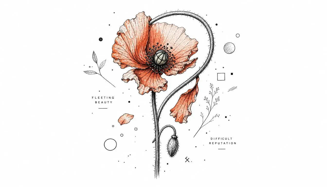 An artistic sketch of an orange poppy flower with stems, buds, and minimalist geometric design elements.