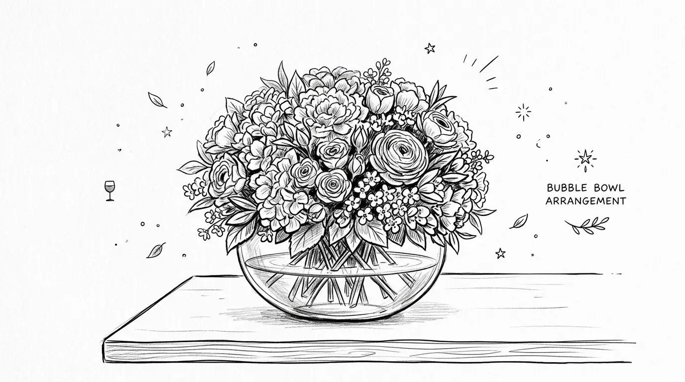 A detailed black and white sketch of a lush floral arrangement in a glass bubble bowl vase.