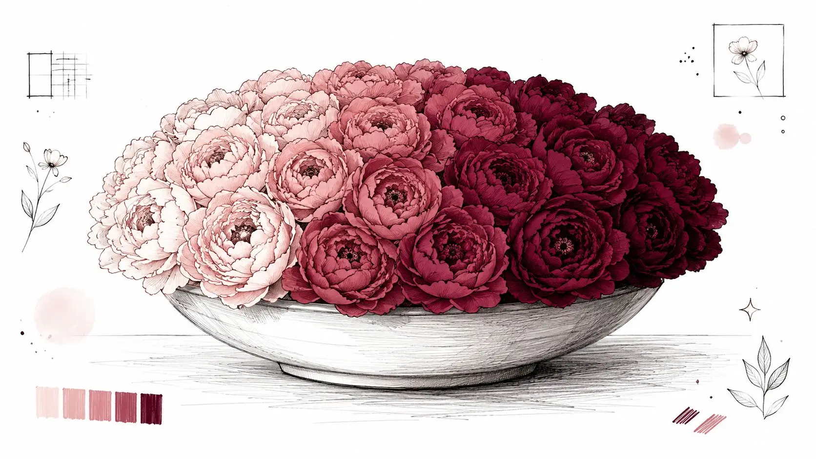 A beautiful ink sketch drawing of a bowl filled with various shades of pink and red peonies.