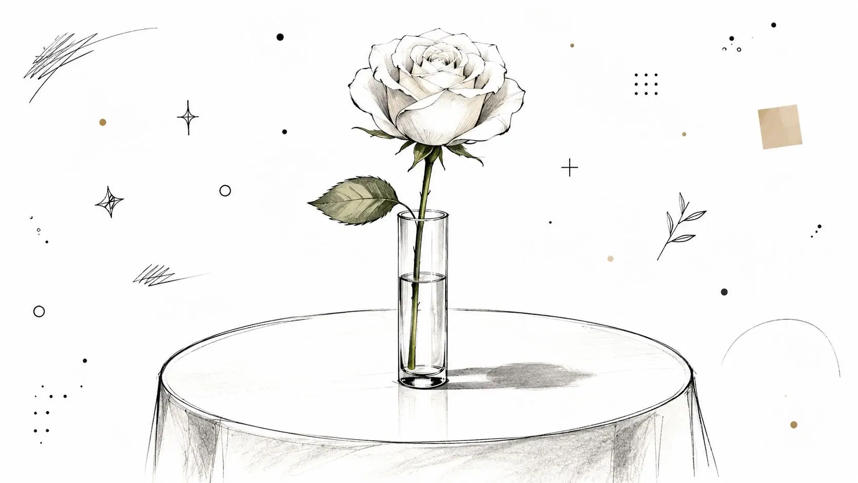 A pencil sketch of a single white rose in a glass vase on a round table.