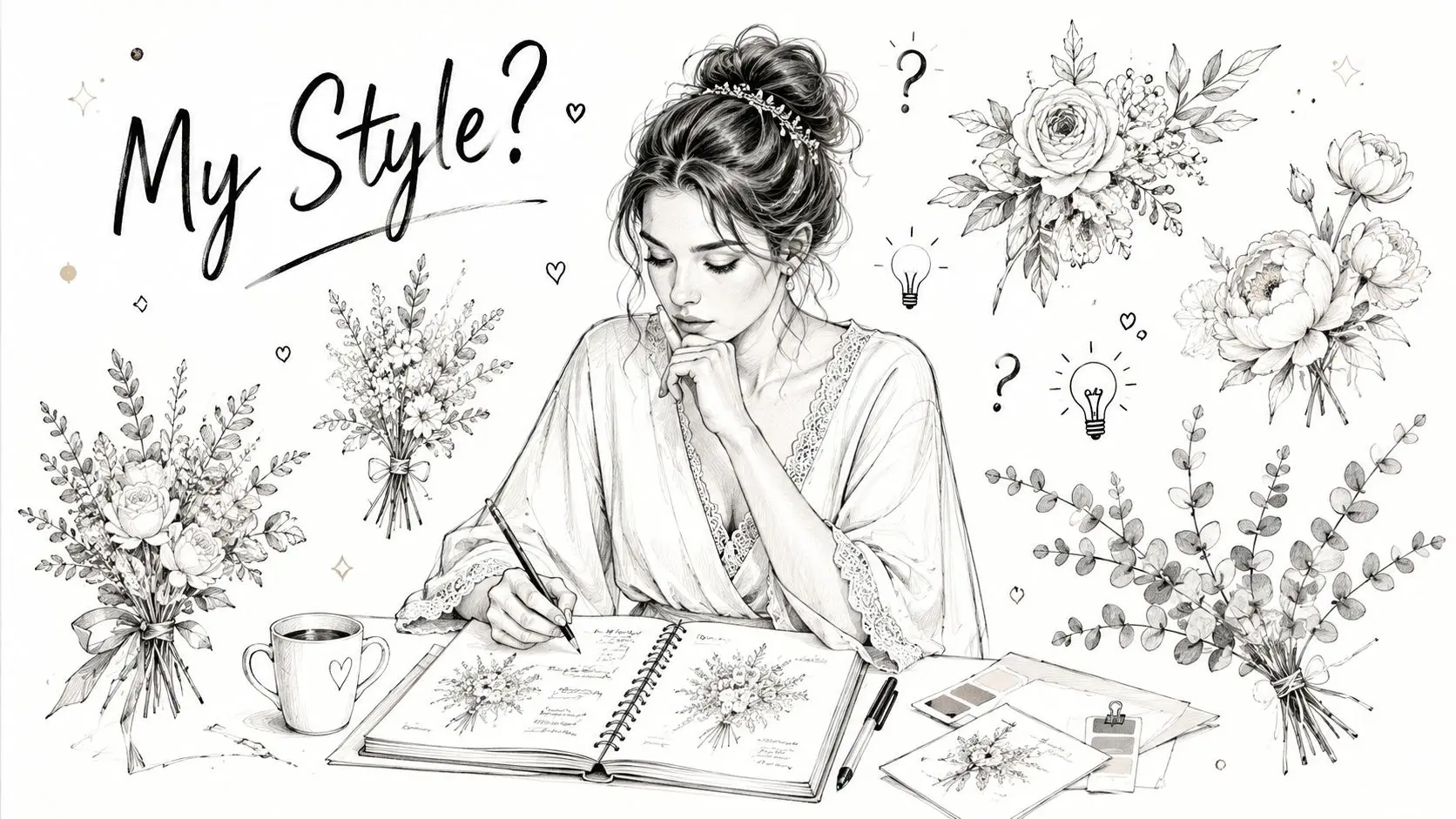 A woman sketching floral arrangements in her notebook, surrounded by beautiful hand-drawn flower illustrations and sketches.