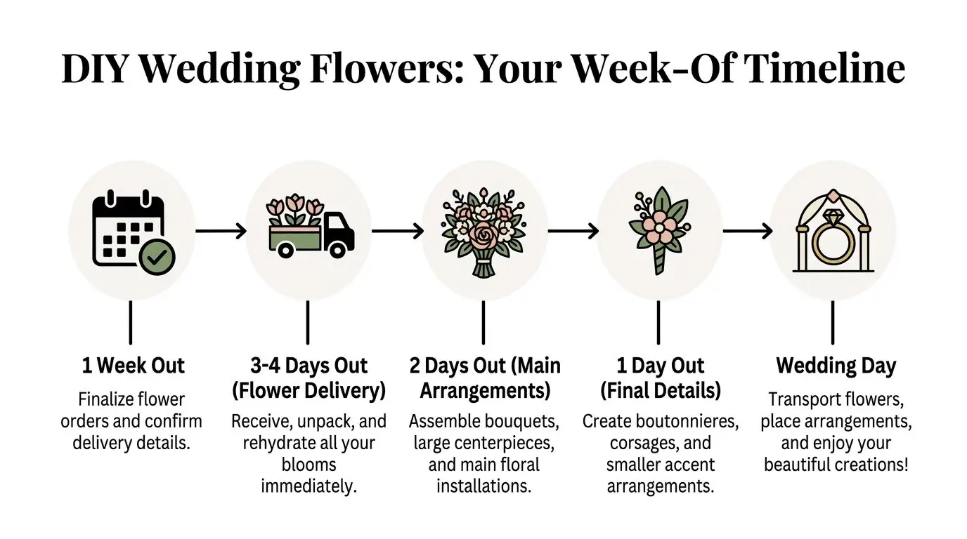 A five-step timeline graphic illustrating the process for handling DIY wedding flowers throughout the final week.