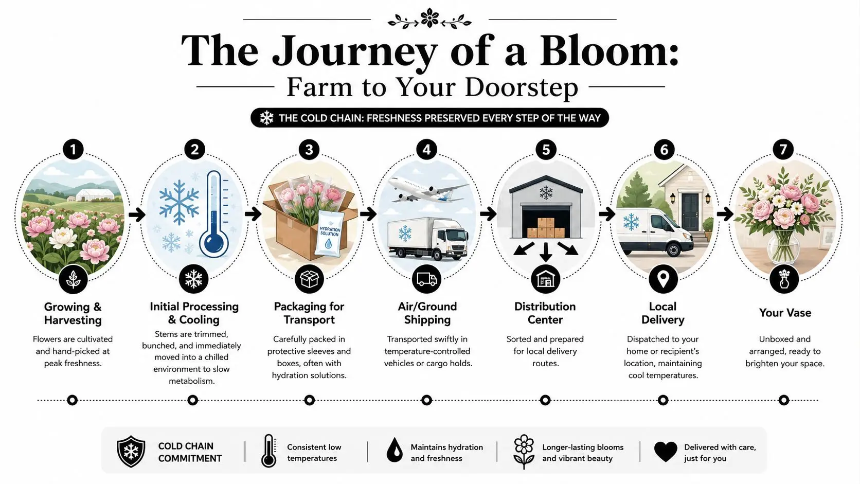 An infographic showing the seven-step cold chain process for delivering fresh flowers from farm to customer.