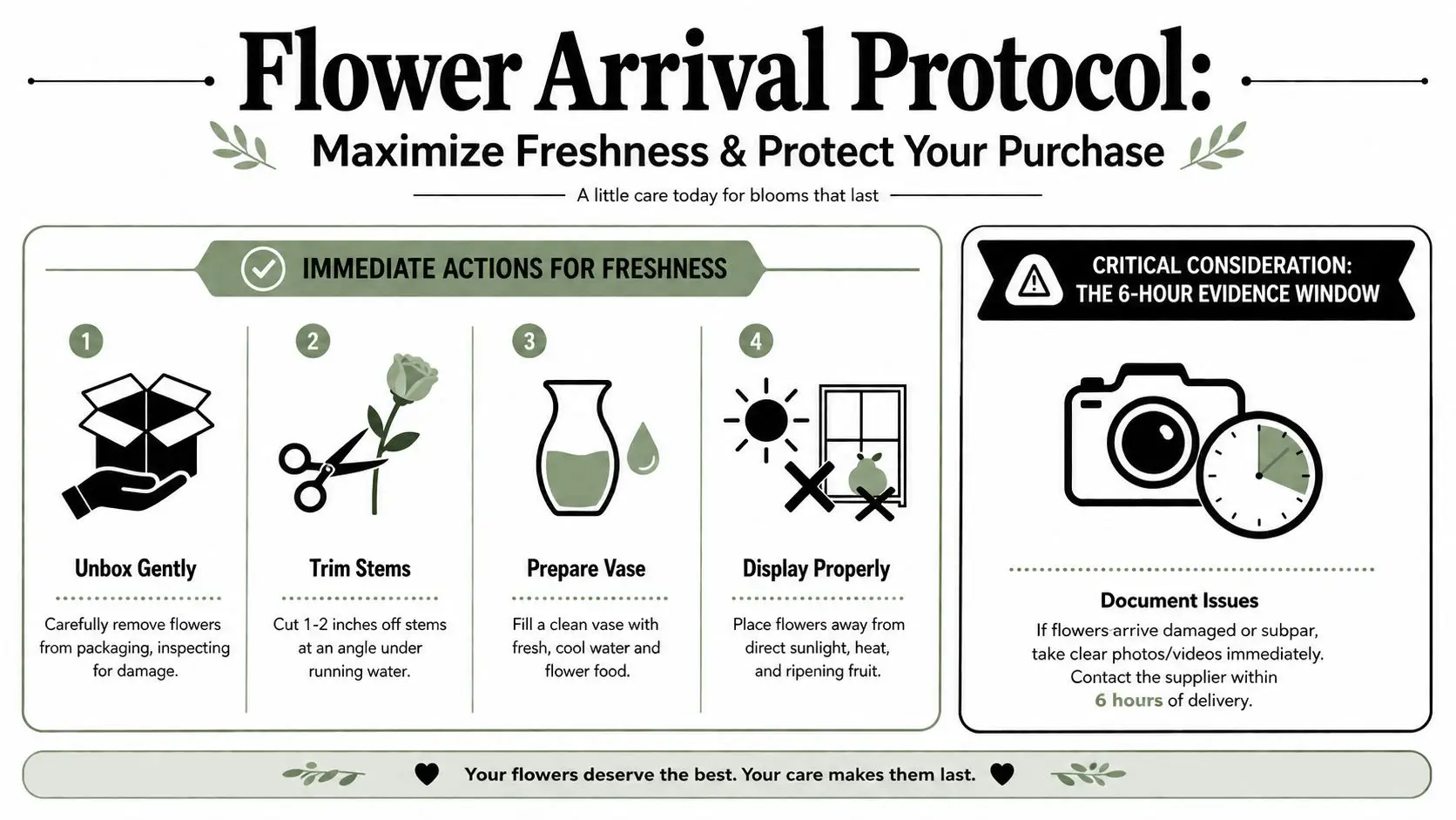 An instructional infographic detailing the steps for proper flower care upon delivery to ensure maximum freshness.