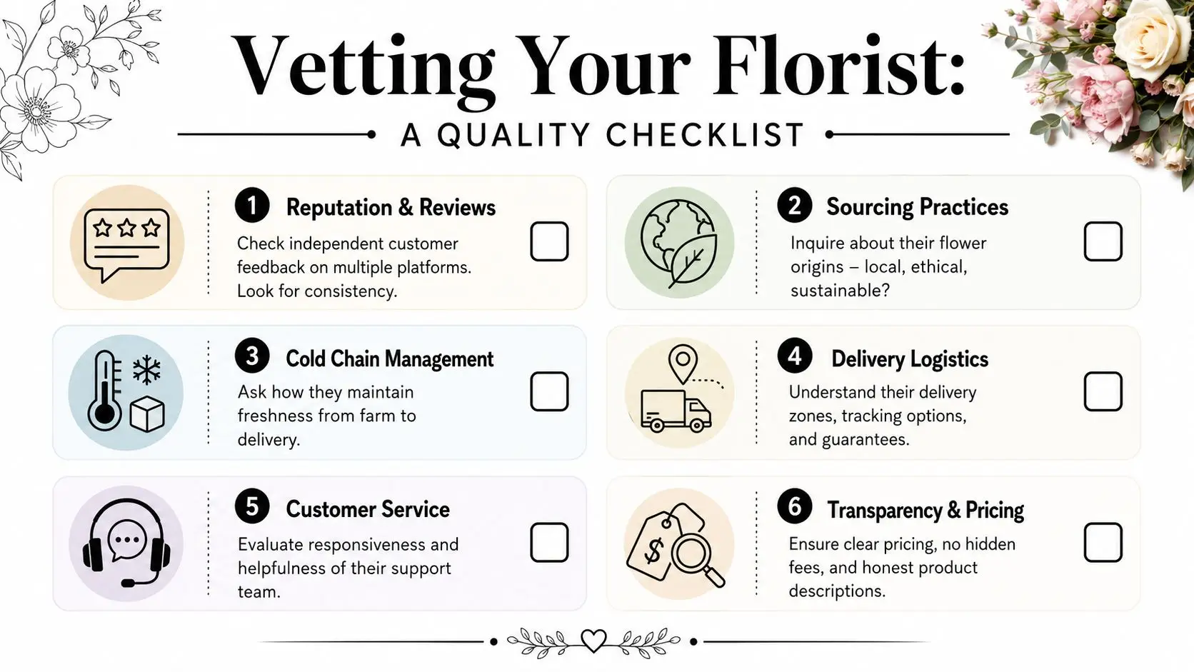 A checklist infographic titled Vetting Your Florist outlining six essential steps for choosing a quality flower delivery service.