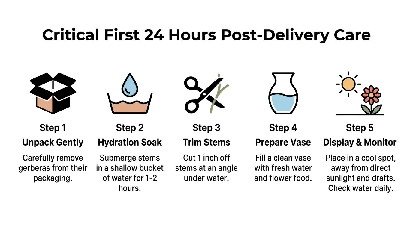 A step-by-step instructional graphic showing how to care for newly delivered gerbera daisy flowers at home.