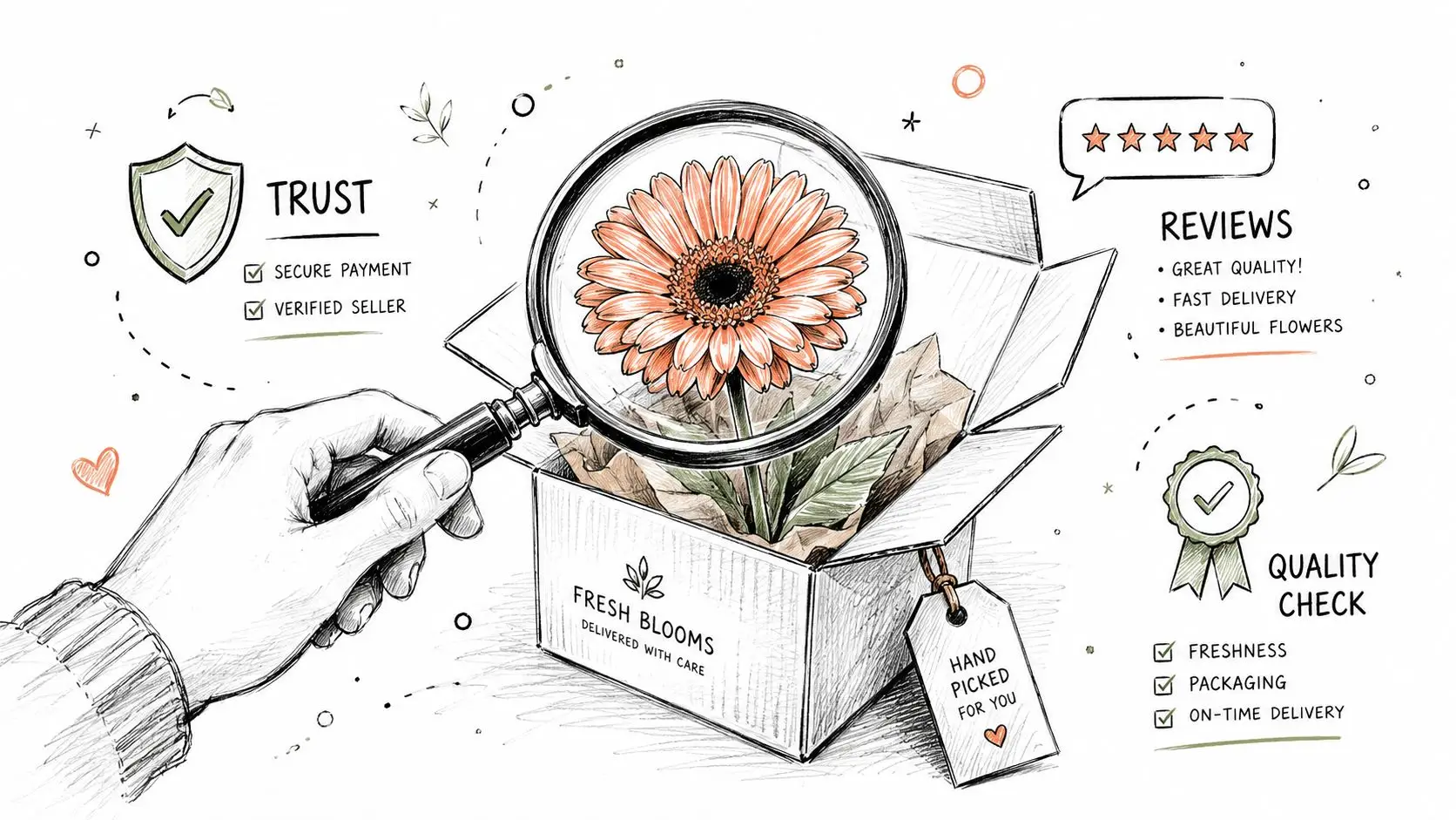 A hand holds a magnifying glass over a fresh gerbera daisy inside a delivered shipping box.