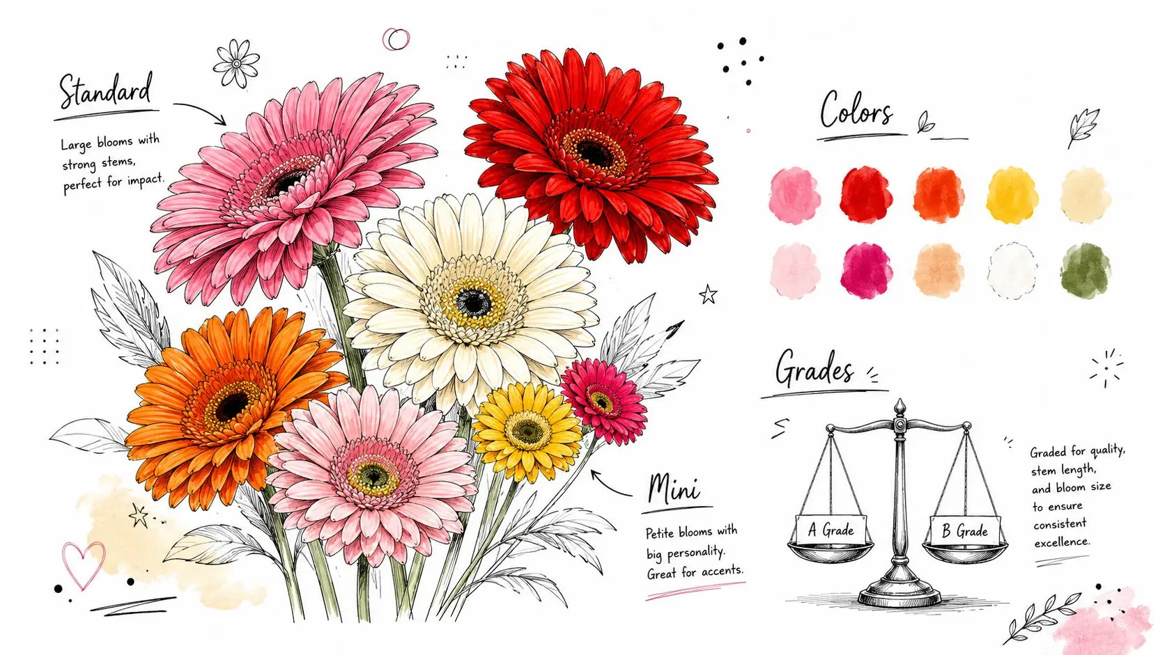 A botanical illustration displaying colorful gerbera daisies with information about their grading, sizes, and color options.