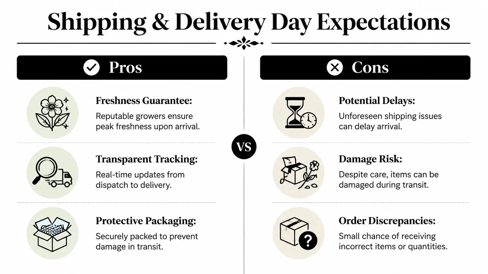 A comparison chart outlining the pros and cons of shipping and delivery expectations for online flower orders.