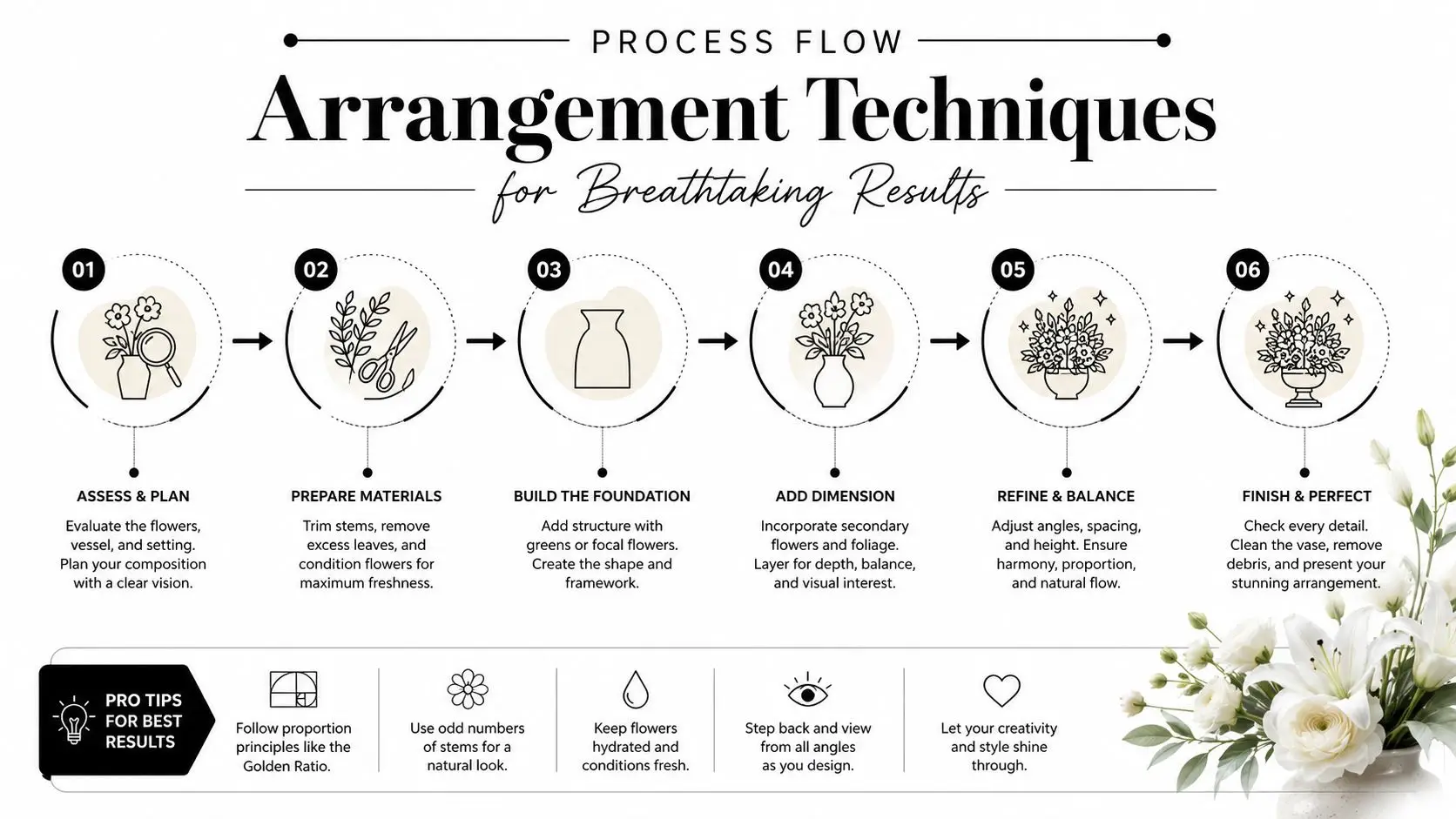 A six-step infographic guide on floral arrangement techniques for creating beautiful flower displays and bouquets.