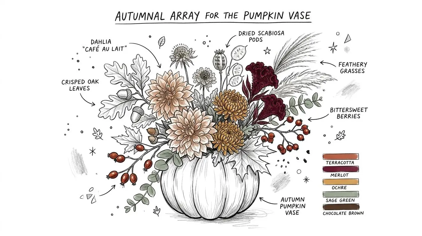 A beautiful hand-drawn illustration of an autumnal flower arrangement displayed inside a decorative white pumpkin vase.