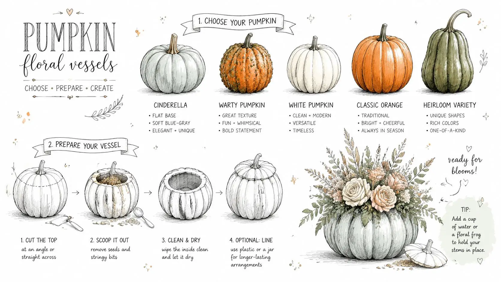 An illustrated guide on how to create a pumpkin floral vessel for autumn home decor arrangements.