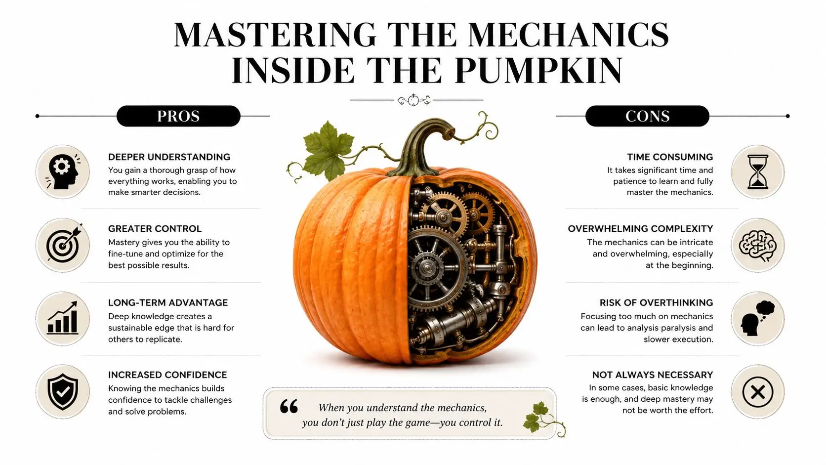 An infographic titled Mastering the Mechanics inside the Pumpkin, contrasting pros and cons of deep understanding.