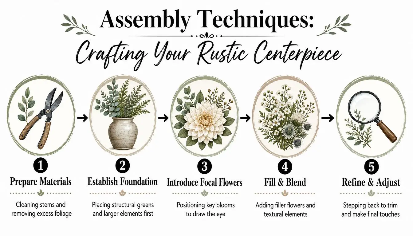 A five-step guide on how to assemble a beautiful rustic flower arrangement for a centerpiece.