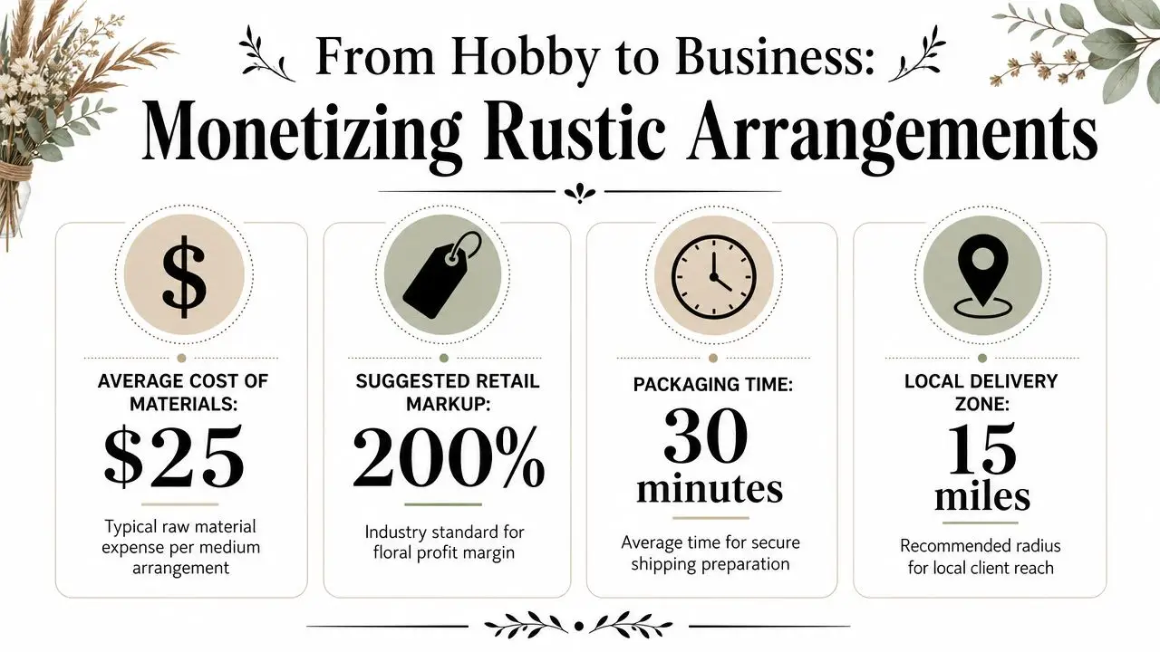 An infographic titled From Hobby to Business showing costs, markups, packaging time, and delivery zones for floral arrangements.