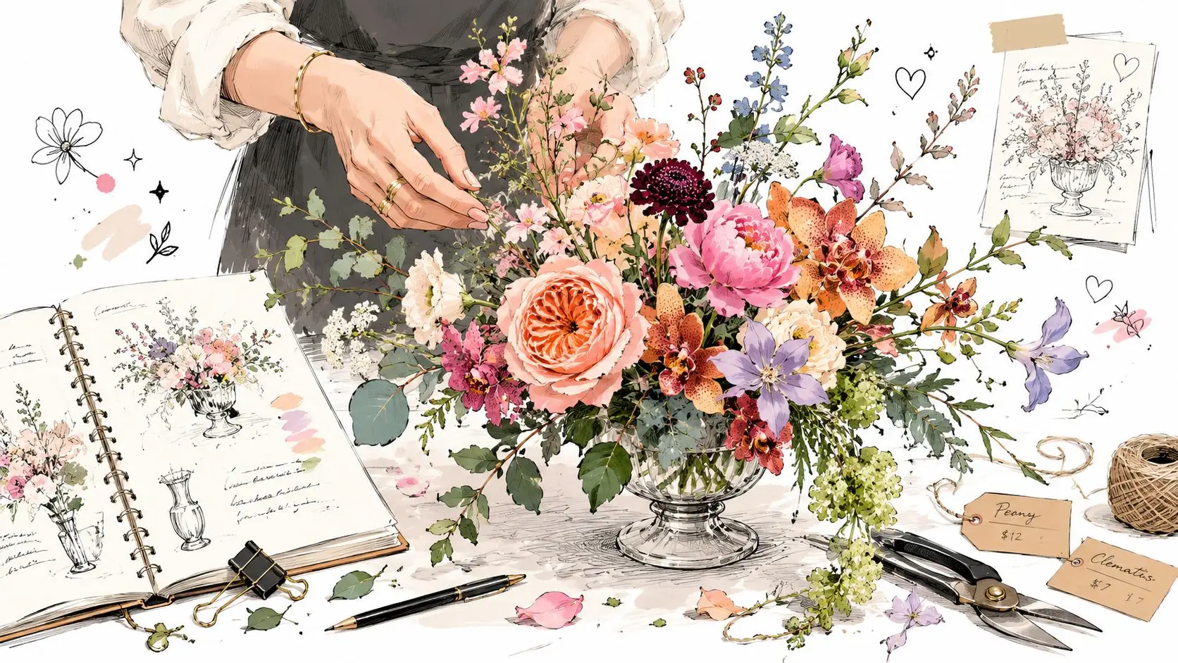 A floral artist arranging specialty cut flowers in a glass vase on a desk with sketches.