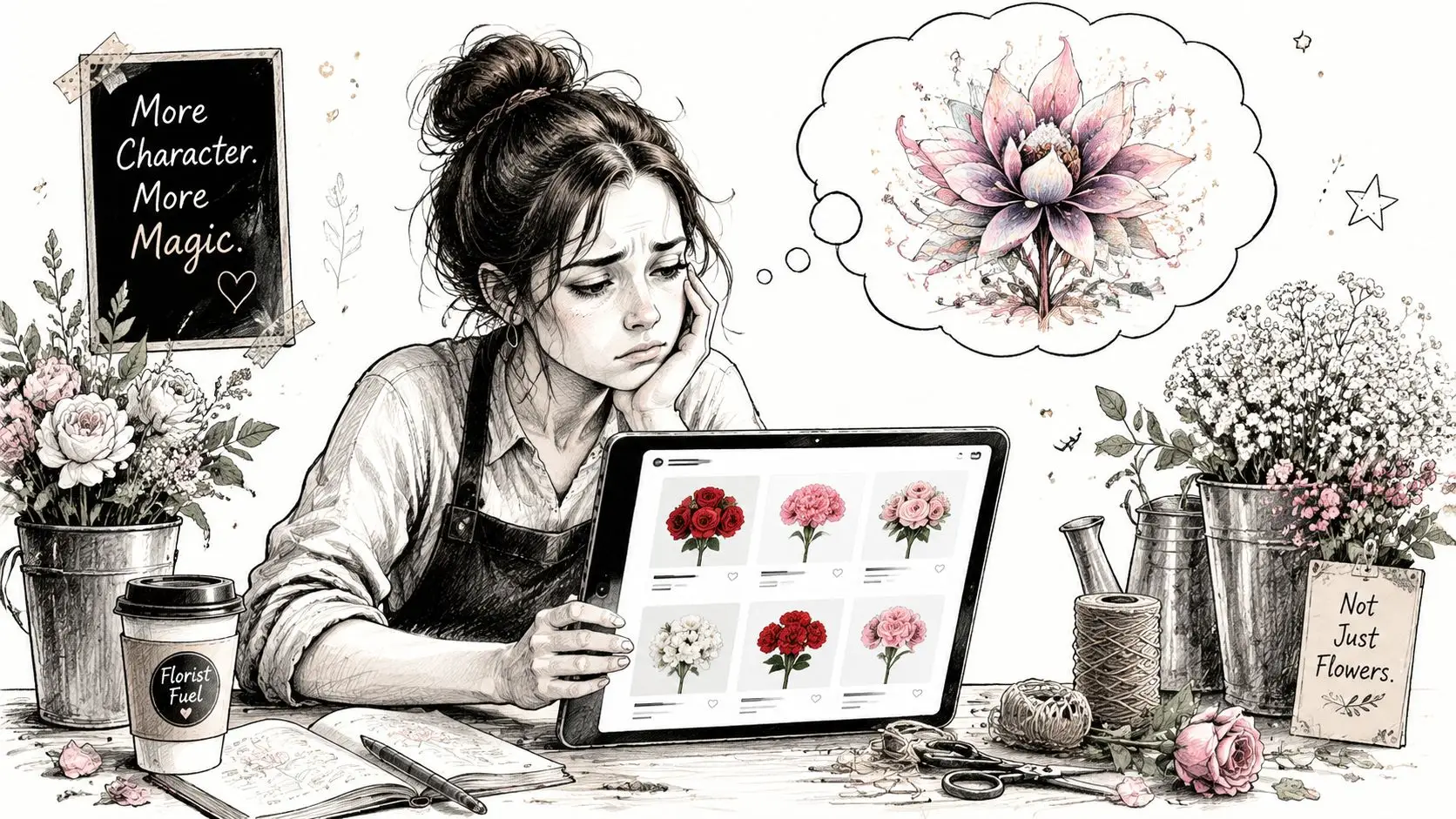 A thoughtful florist sits at her desk, looking at flower images on a digital tablet with dreams.