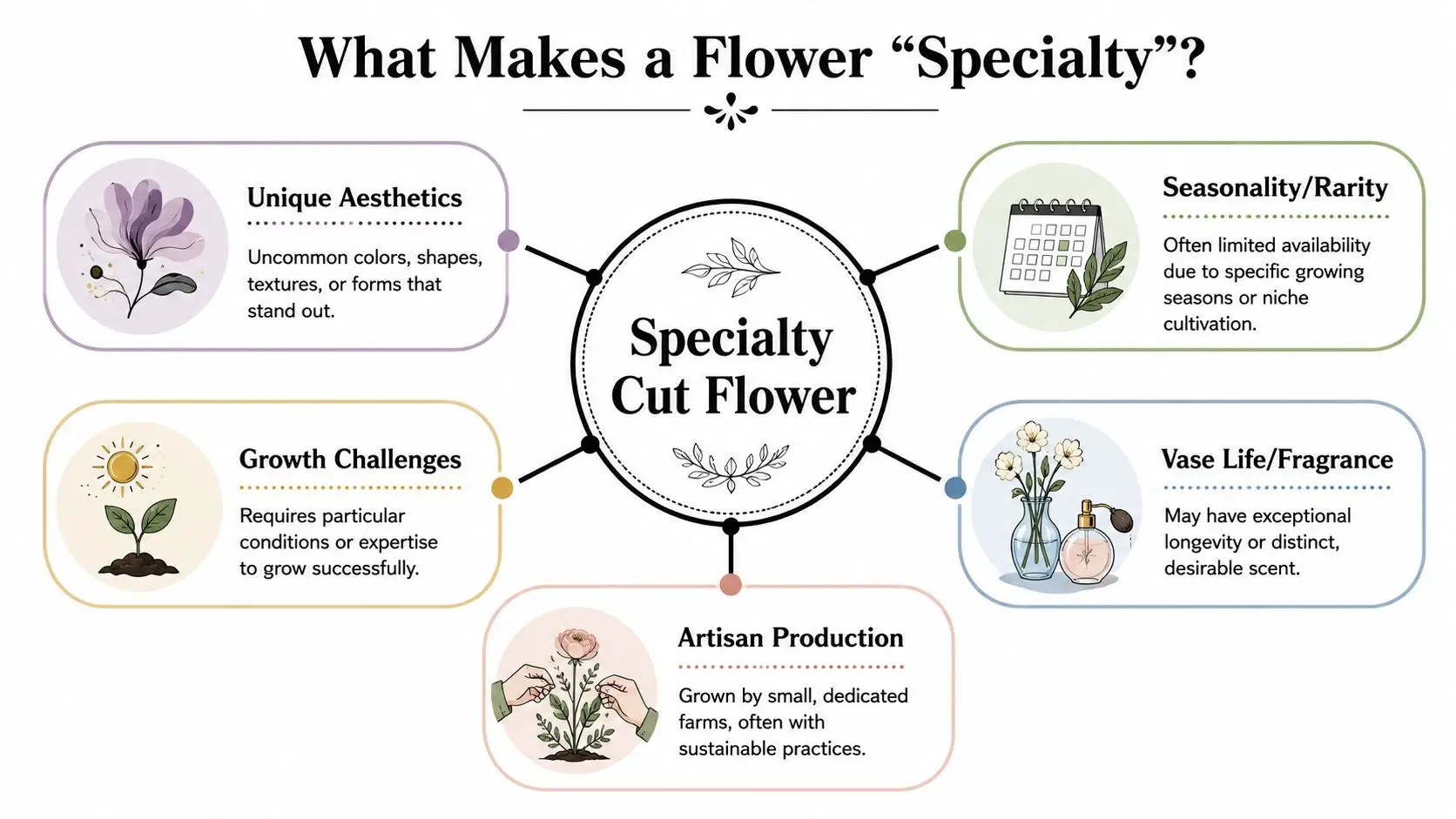 An infographic titled What Makes a Flower Specialty, detailing five key characteristics of specialty cut flowers.