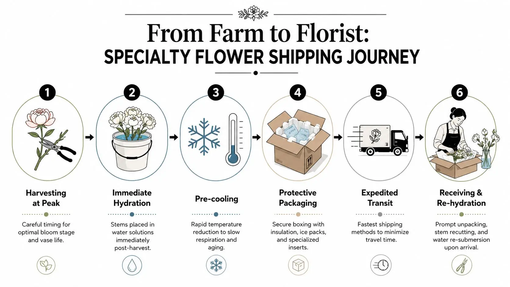 A six-step infographic illustrating the specialty flower shipping process from farm harvesting to florist receiving and re-hydration.