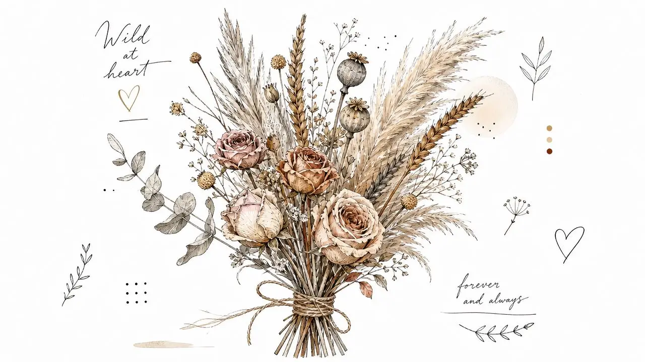 A beautiful watercolor illustration of a dried floral wedding bouquet with roses and decorative pampas grass.