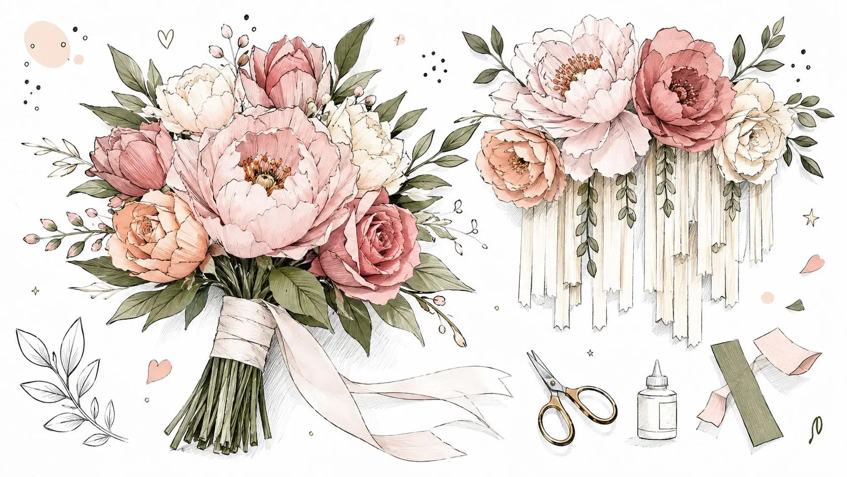 A beautiful collection of hand-drawn peonies, roses, and DIY floral supplies for wedding decorations on white.