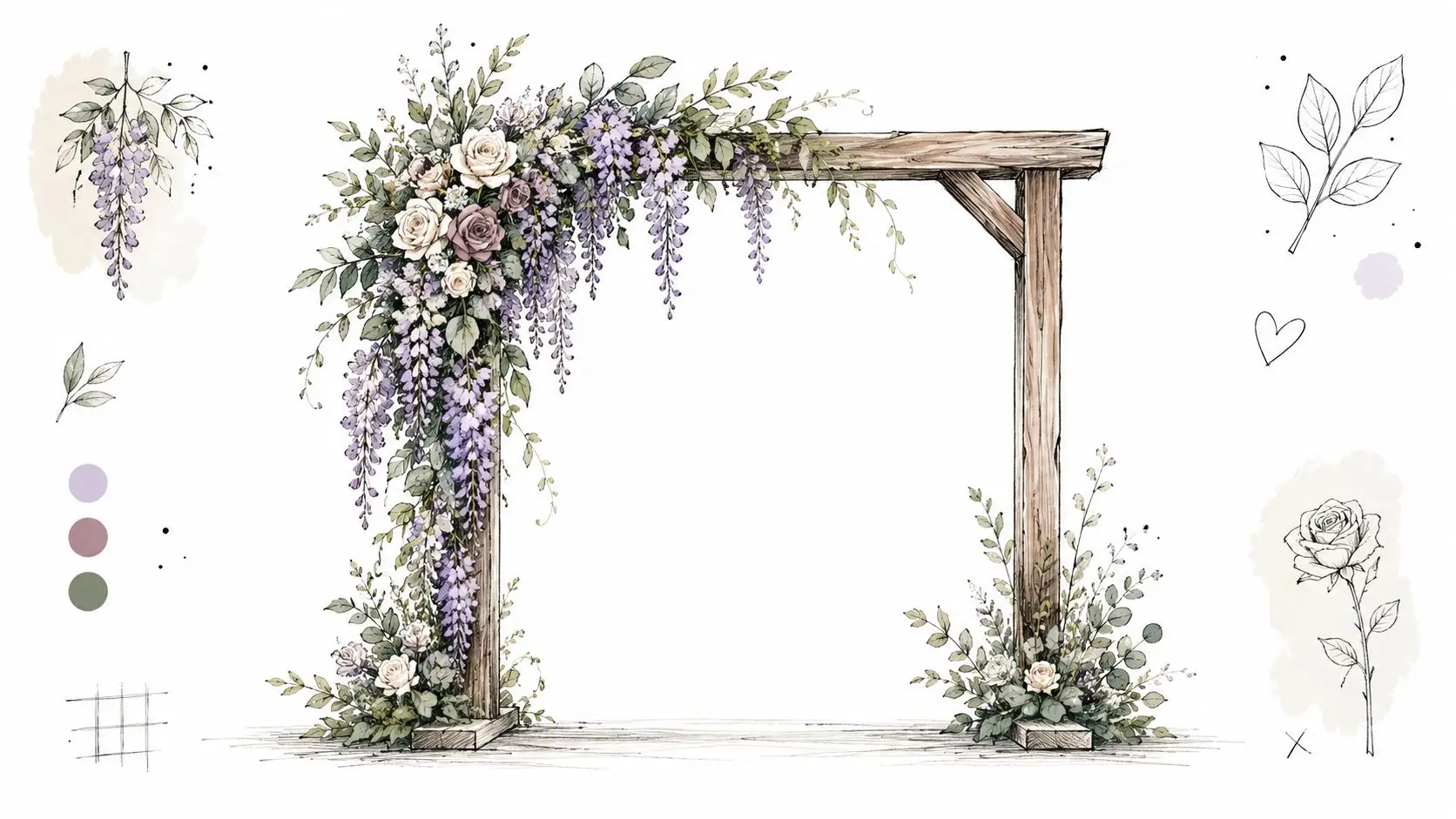 A watercolor illustration of a rustic wooden wedding arch decorated with purple wisteria and white roses.