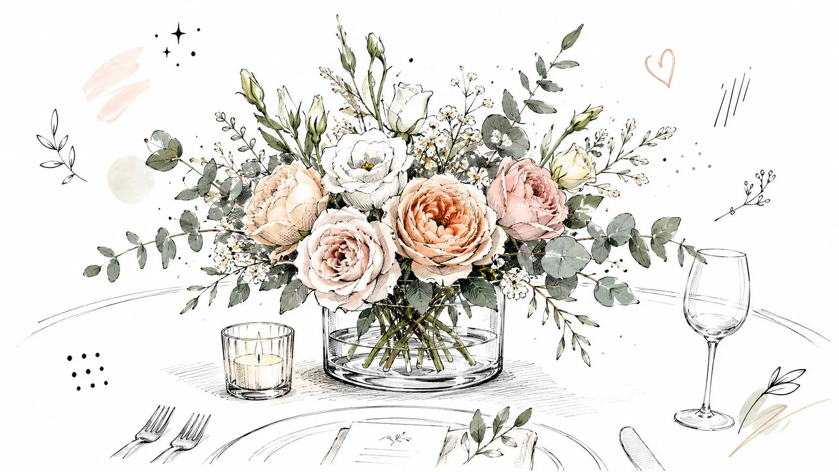 An elegant watercolor sketch of a wedding table setting with flowers, a candle, and wine glass.