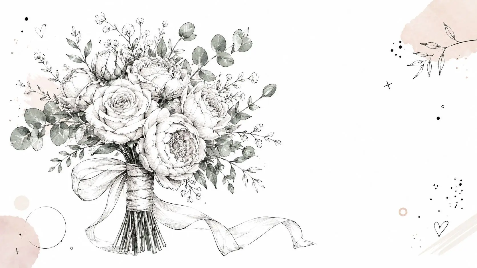 A beautiful hand-drawn sketch of a wedding bouquet with roses and eucalyptus tied with a ribbon.