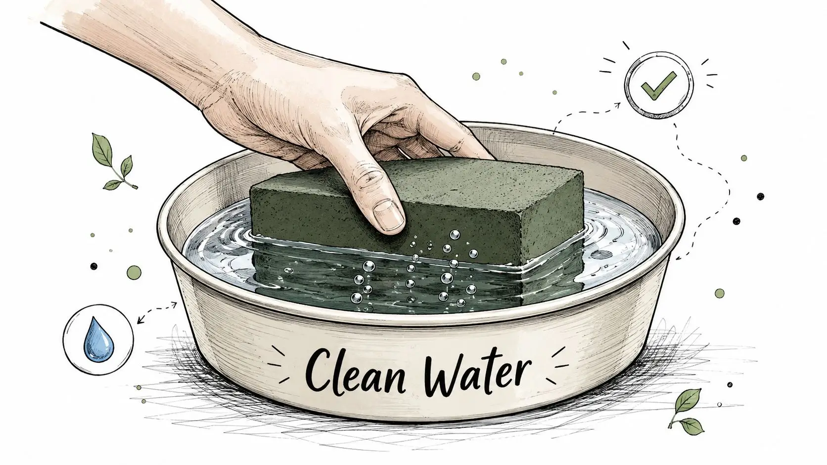 A hand placing a block of green floral foam into a bowl of clean water to soak.