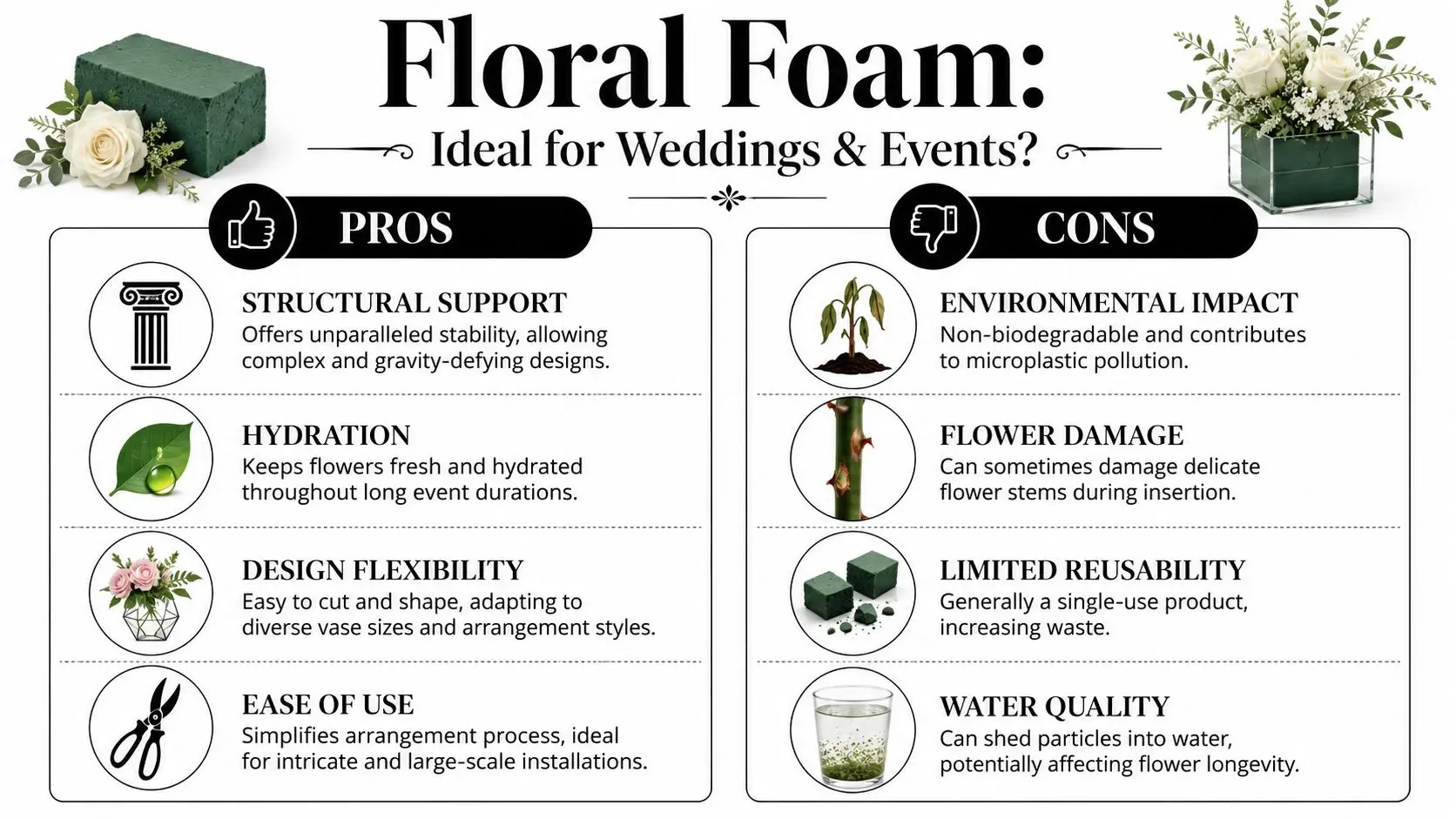 An infographic titled Floral Foam: Ideal for Weddings and Events, comparing the pros and cons of floral foam.