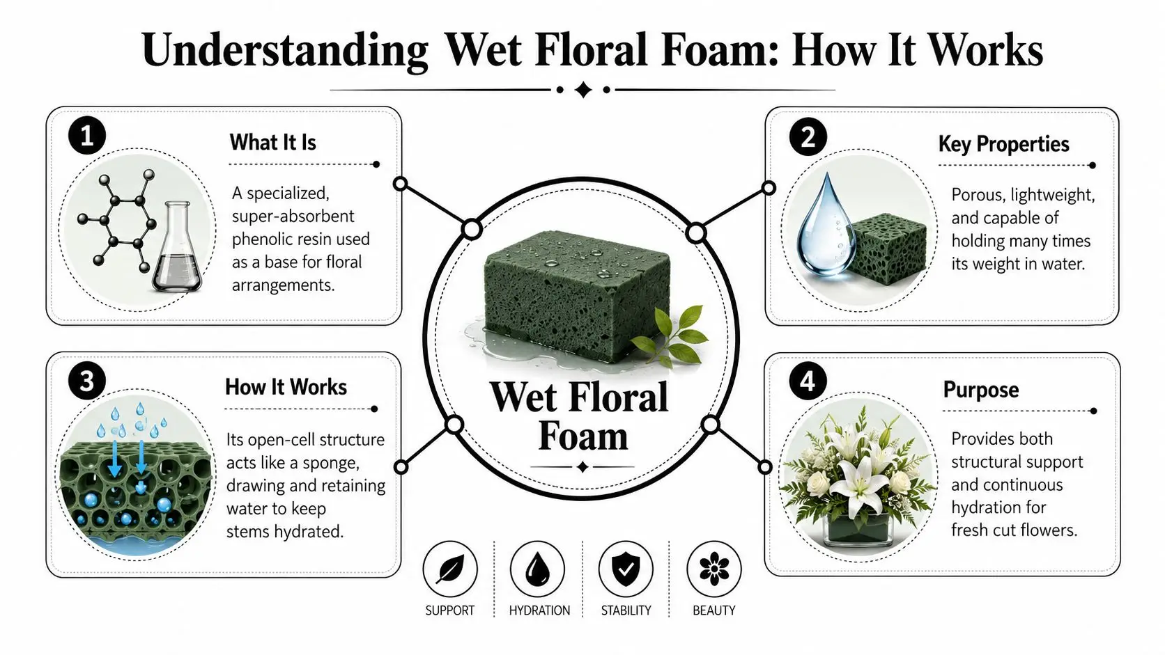 An infographic titled Understanding Wet Floral Foam showing its chemical composition, properties, function, and purpose in floral arrangements.
