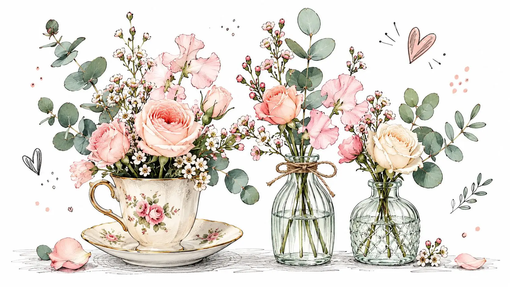 A whimsical watercolor illustration of pink and cream roses in a vintage teacup and glass bud vases.