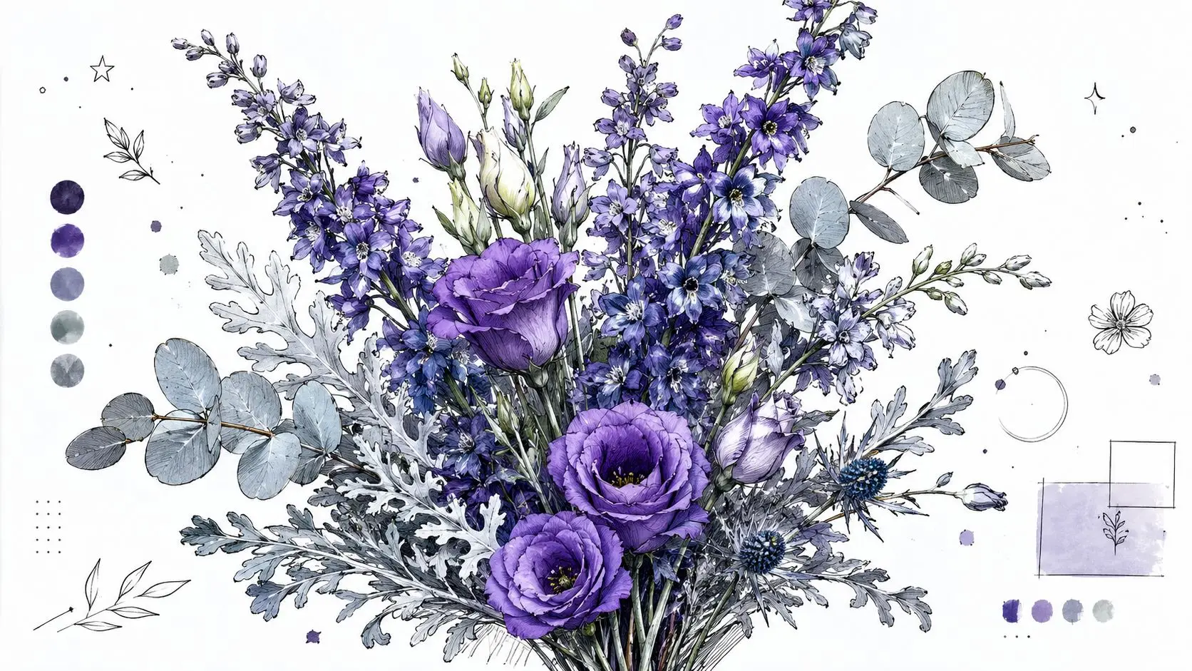 A whimsical illustration of a purple floral arrangement with greenery, stars, and abstract design elements on white.