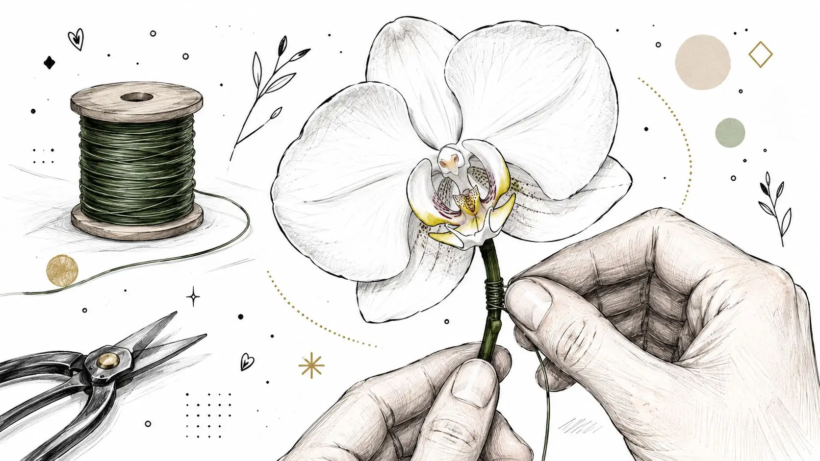 A detailed illustration showing a person's hands wrapping green wire around the stem of a white orchid.