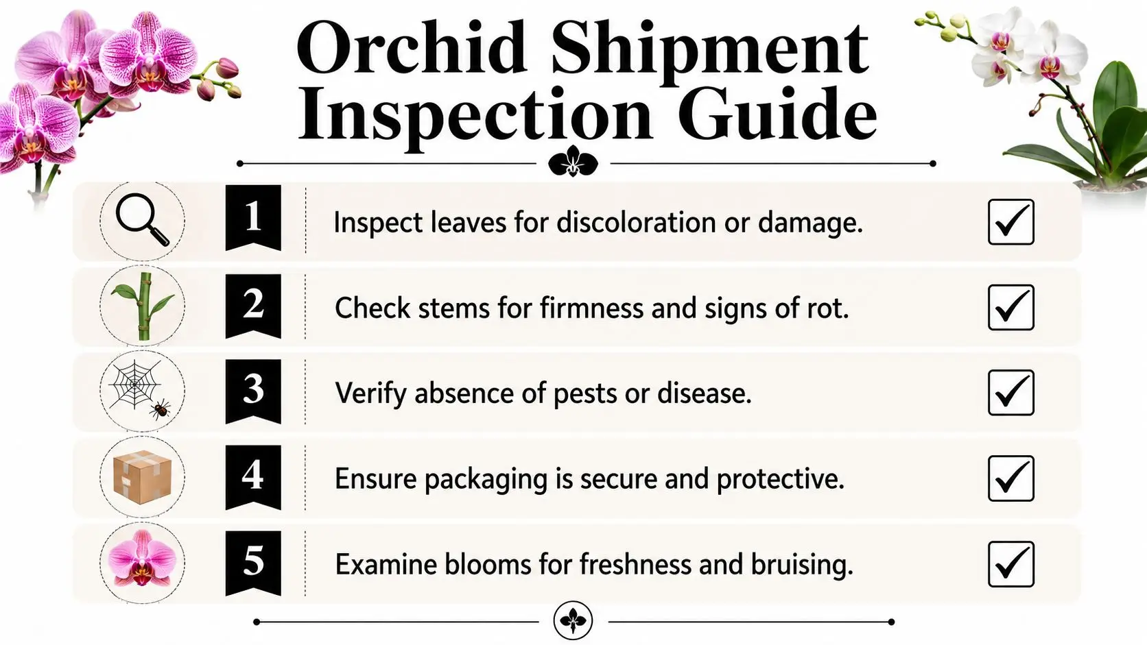 An orchid shipment inspection guide checklist with five steps to ensure plant health and quality upon arrival.