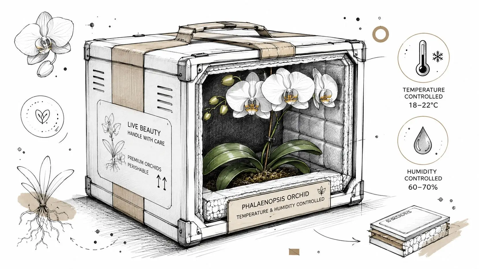 A detailed illustration of a Phalaenopsis orchid in a specially designed, climate-controlled transport container for shipping delicate plants.