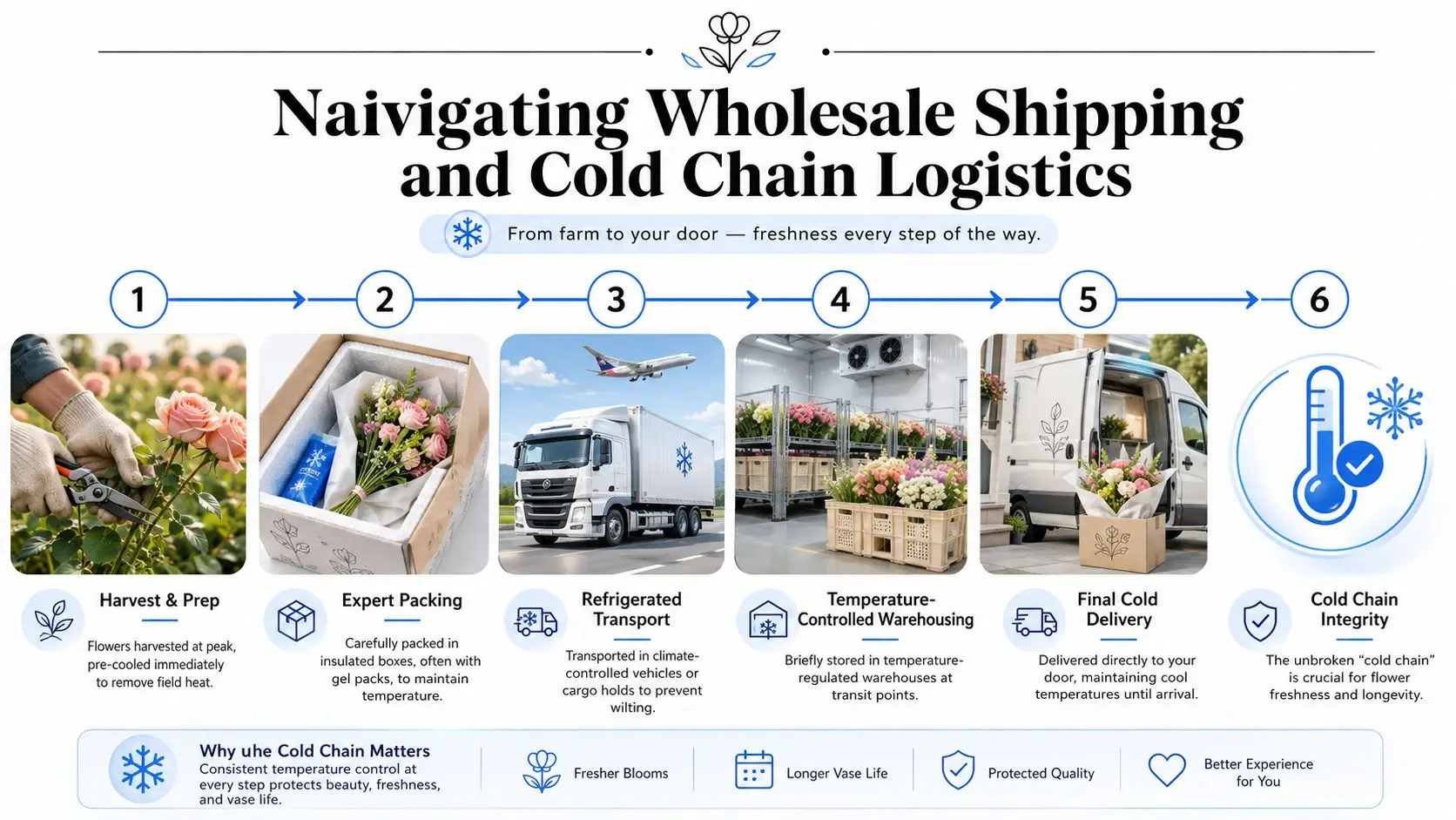 An infographic detailing the six steps of wholesale cut flowers shipping and cold chain logistics for freshness.