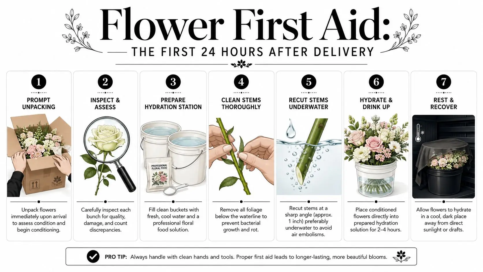 An infographic titled Flower First Aid showing seven steps to care for fresh flowers after delivery.
