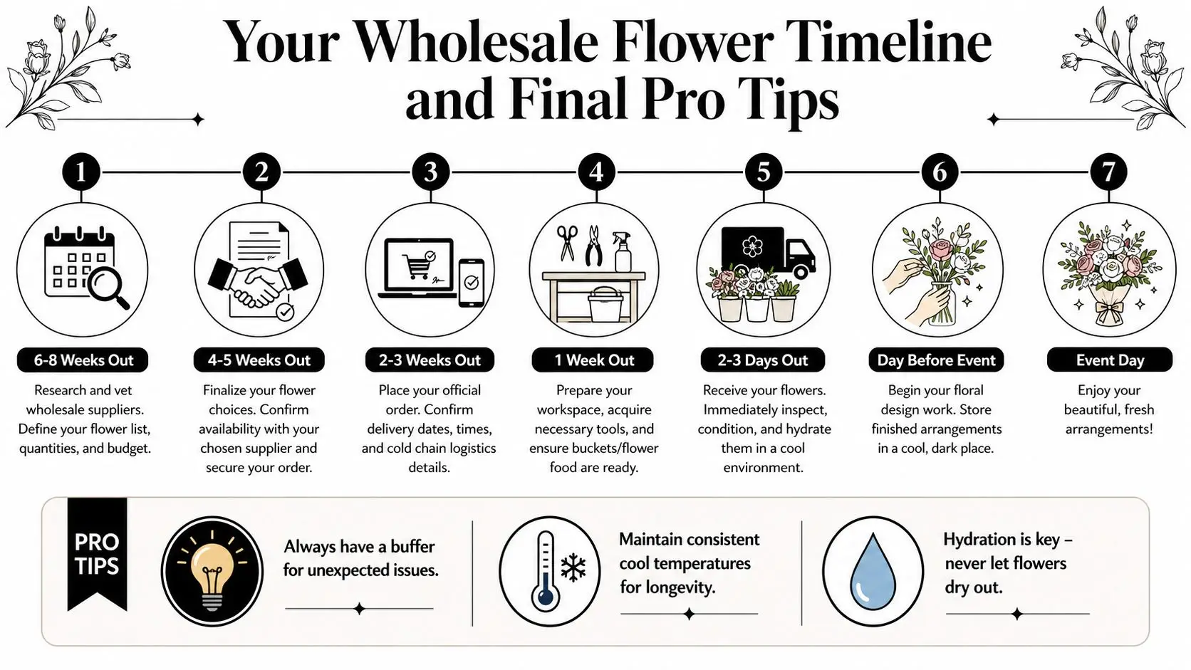 An infographic detailing a seven-step timeline and pro tips for managing wholesale cut flower arrangements.