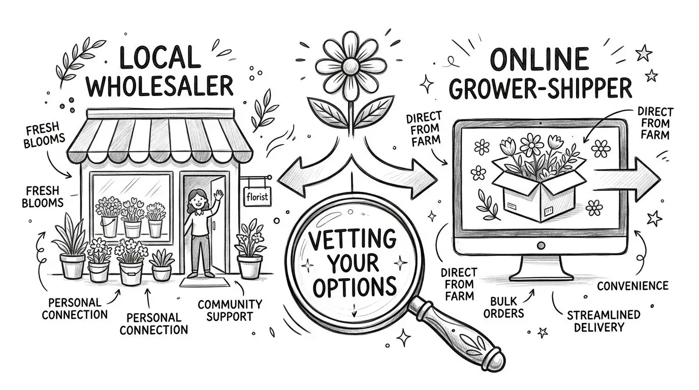 A hand-drawn comparison illustration between a local flower wholesaler and an online grower-shipper for sourcing flowers.